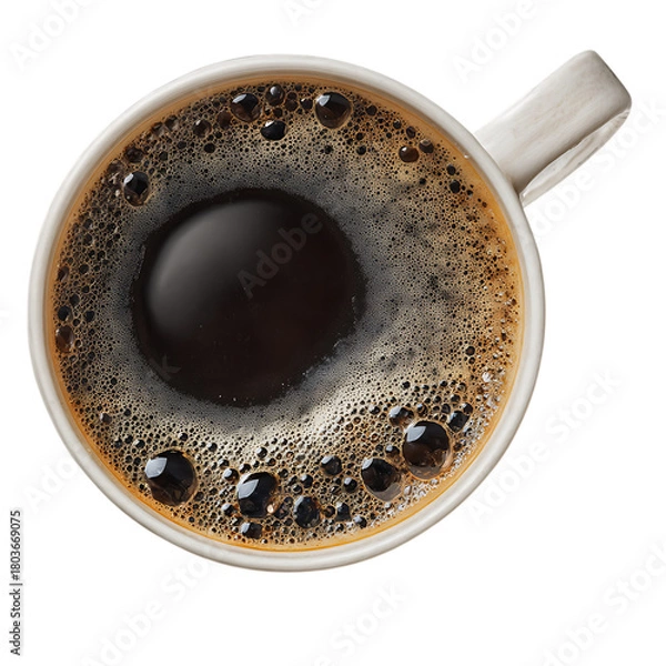 Fototapeta Top view of black coffee in a white cup with creamy foam texture and perfect bubbles 