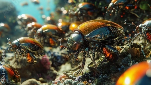 Obraz Swarm of tiny, beetle-like robots cleaning plastic debris from a coral reef, their carapaces iridescent, collective environmental action