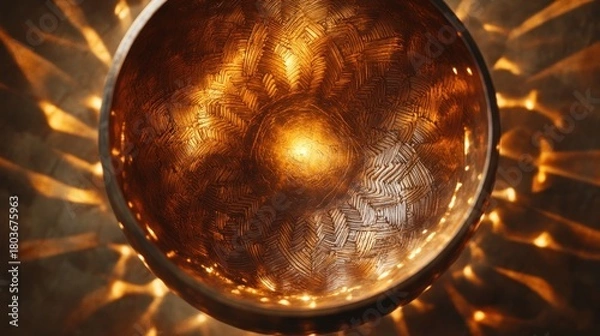 Obraz Tibetan singing bowl, antique hammered bronze, rim vibrating with visible sound waves forming complex sacred geometry, meditative soft light, top-down perspective