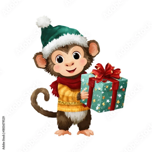 Obraz Festive monkey with gift box in holiday attire.