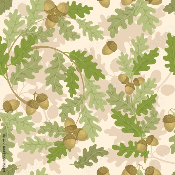 Obraz Oak branches seamless pattern. Elegant botanical elements, leaves and acorns, repeated decorative plants. Decor textile, wrapping paper, wallpaper. Print for fabric splendid vector background