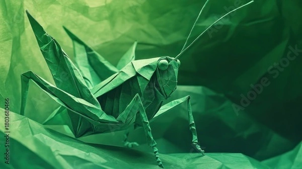 Obraz Grasshopper, its exoskeleton like intricately folded, green origami paper, surreal paper art texture, soft diffused lighting