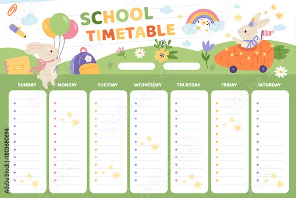 Fototapeta Cute rabbits school schedule. Funny little bunnies with supplies, kids weekly planner template, cartoon animals character, childish poster, empty textbox, garish vector timetable concept