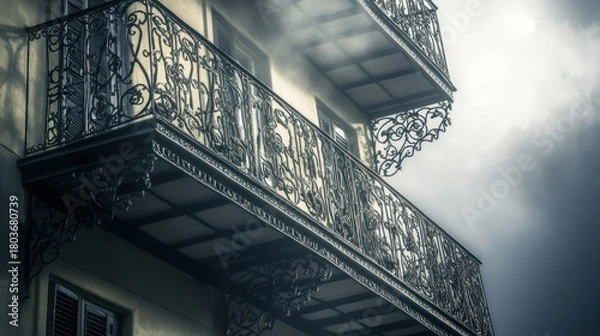 Fototapeta Iconic New Orleans French Quarter building with wrought iron balconies that seem to be formed from solidified morning mist and shadows