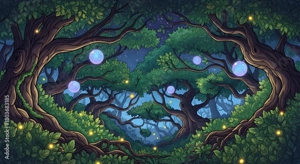 Obraz Magical Enchanted Forest at Night with Glowing Fireflies and Fantasy Lights