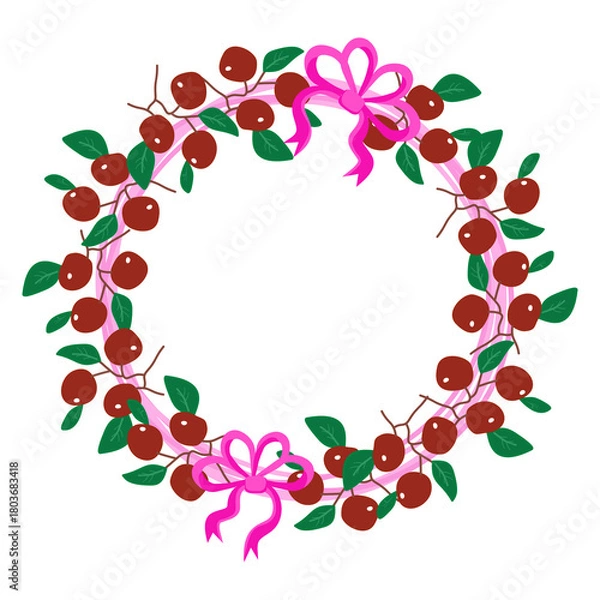 Fototapeta Cherries wreath and green leaves arranged in a circular with purple ribbon. Round frame for greeting card or decoration element.