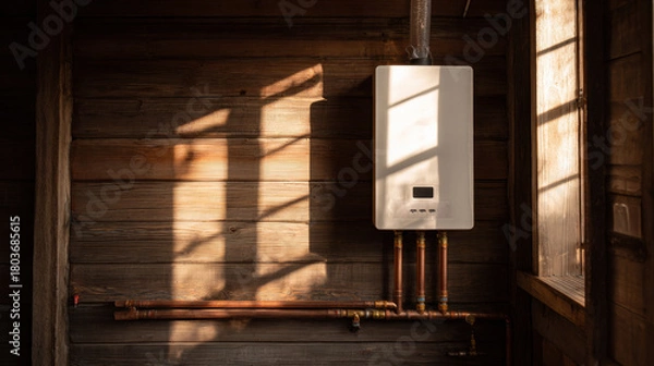 Fototapeta Modern tankless water heater on rustic wooden wall with warm sunlight.