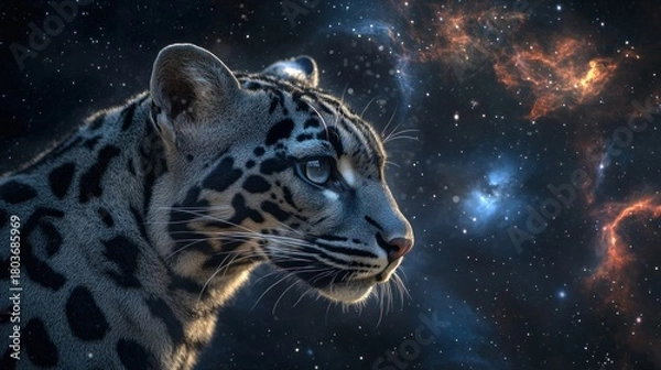 Fototapeta Clouded Leopard, its large spots are windows into swirling nebulae, surreal cosmic portal texture, soft starlight glow