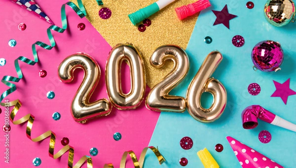 Fototapeta Festive new year celebration 2026: colorful decorations and party elements.