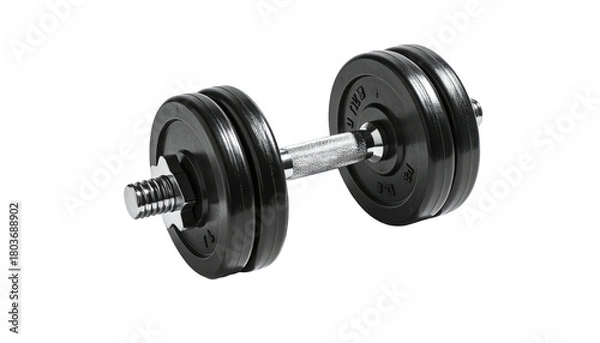 Fototapeta Black weight dumbbell with plates isolated on a black background