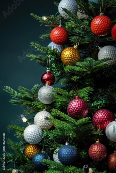 Fototapeta Festive christmas tree decorated with unique golf ball ornaments for holiday ambiance. Vertical banner. Copy space. Free space for text