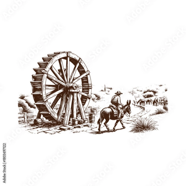 Fototapeta Vintage illustration of a man riding a donkey next to a water wheel