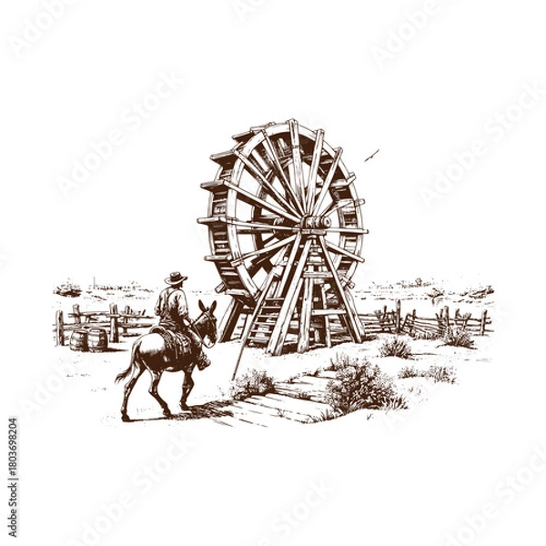 Obraz Vintage illustration of a man riding a donkey next to a water wheel