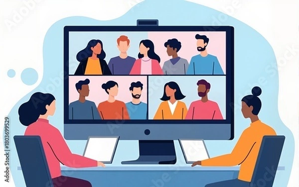 Obraz Online video call concept, virtual conference with team of remote workers, computer screen, working from home, a group of men and women colleagues have meeting, web communication. Vector illustration