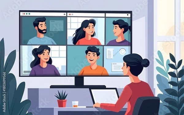 Fototapeta Online video call concept, virtual conference with team of remote workers, computer screen, working from home, a group of men and women colleagues have meeting, web communication. Vector illustration