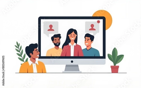 Fototapeta Online video call, remote business meeting with team. Virtual work communication concept. People colleagues talking through internet at distance. Flat vector illustration isolated on white background