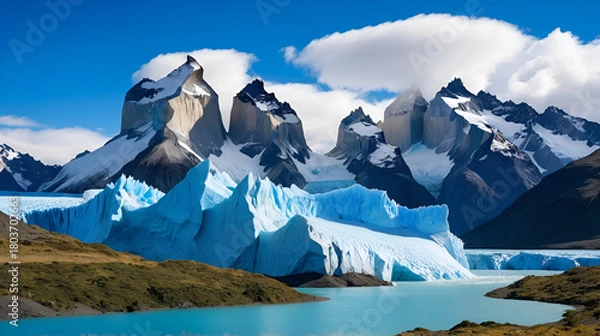 Fototapeta Iceberg, Torres del Paine, Chili is probably the world's most spectacular national park. An unrivalled landscape of mad jagged peaks, impossibly blue lakes, deserted pampas and iceberg-loaded river