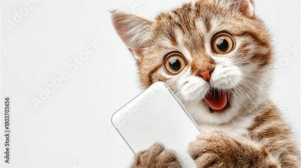 Obraz スマホを持ったびっくりする猫