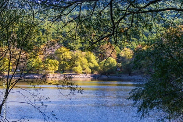 Fototapeta Lake surrounded by forest and hills, calm water surface framed by tree branches in foreground.