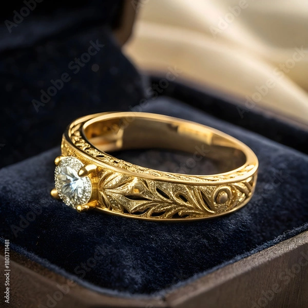 Fototapeta A luxurious gold ring with intricate details, displayed on a dark velvet background.