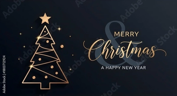 Fototapeta Elegant Gold Christmas Tree and Greetings on Dark Background
