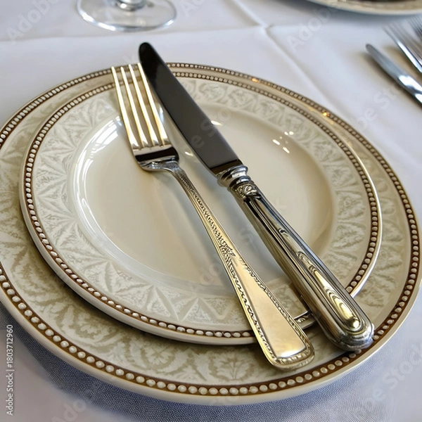 Fototapeta Elegant dinner setting with plate, knife, and fork, neatly arranged, inviting.