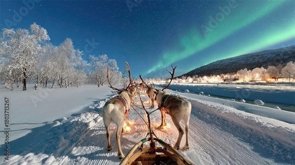 Obraz オーロラの景色とソリを引くトナカイ
