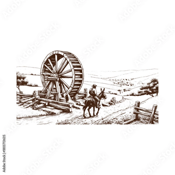 Obraz Vintage illustration of a man riding a donkey near a water wheel isolated on
