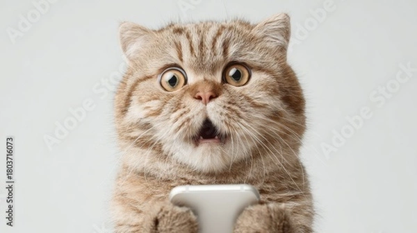 Obraz スマホを持ったびっくりする猫