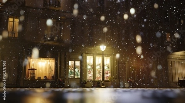 Fototapeta 雪降る夜の街並み