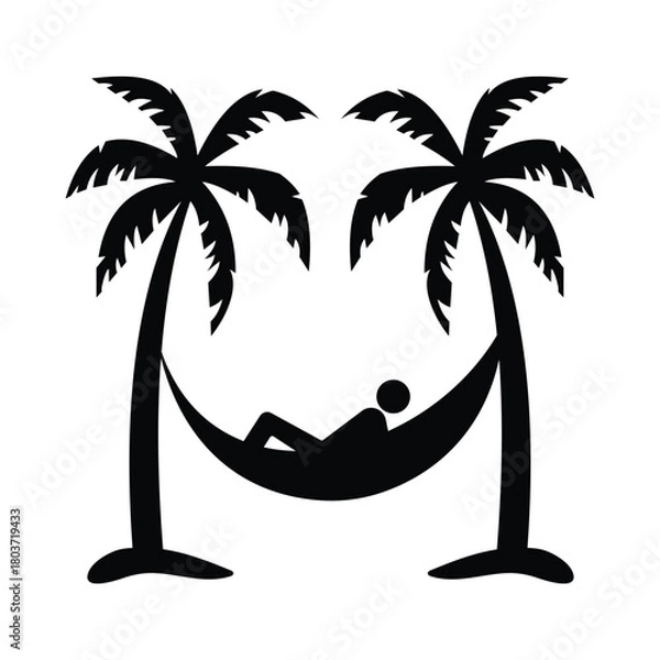 Fototapeta Person relaxing on hammock. Hammock icon, vector design. Silhouette of hammock symbol for relaxing, Hammock between palm trees vector silhouette. Vector illustration. Tropical island with palm trees