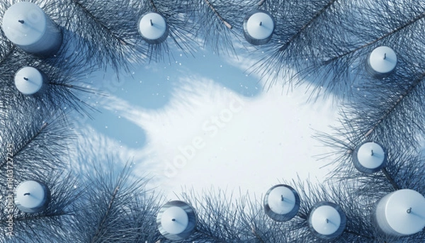 Fototapeta Festive winter holiday background with a frame of frosted blue pine branches and elegant white candles on a snowy surface