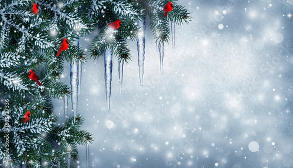 Fototapeta Festive winter holiday background with red cardinal birds perched on a snow-covered evergreen branch with hanging icicles
