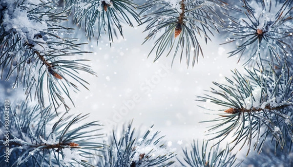 Fototapeta A natural winter frame made of snow-covered fir tree branches with a soft, blurred background for holiday greetings