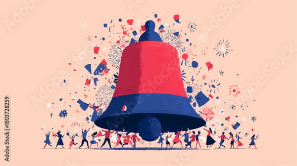 Fototapeta A giant bell with tiny dancing people and confetti on pink background with text space for festive retail banners, cards  and promotions
