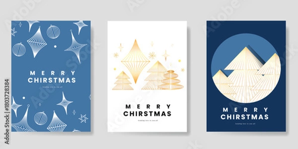 Fototapeta Merry Christmas and Happy New Year greeting card vector set. Luxury invitation with Christmas tree, leaves, sparkle, spot texture on navy blue background. Design illustration for season's card, ads.