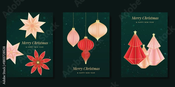 Fototapeta Merry Christmas and Happy New Year greeting card vector set. Luxury invitation with Christmas tree, leaves, sparkle, spot texture on green background. Design illustration for season's card, ads.