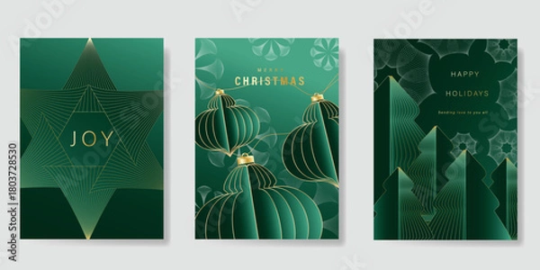 Fototapeta Merry Christmas and Happy New Year greeting card vector set. Luxury invitation with Christmas tree, leaves, sparkle, spot texture on green background. Design illustration for season's card, ads.