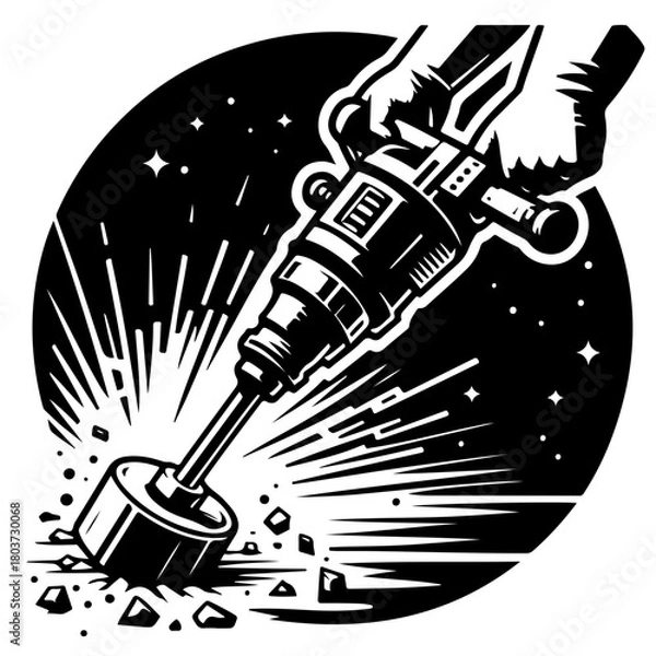 Fototapeta Illustration of a hand holding a jackhammer drilling into a surface with debris and sparks flying out