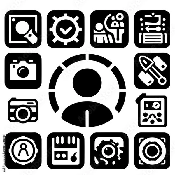 Fototapeta A collection of various black and white icons including cameras, gears, and a person in a target like frame