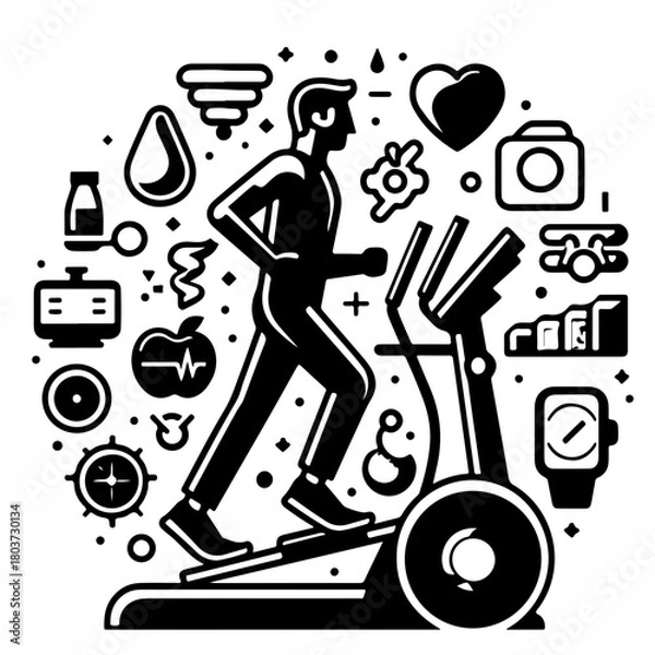 Fototapeta Illustration showing a person using an elliptical machine surrounded by health related icons and symbols