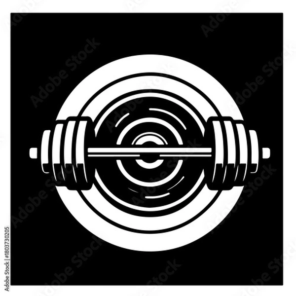Fototapeta Illustration of a white barbell with weights set against a circular target on a black background design