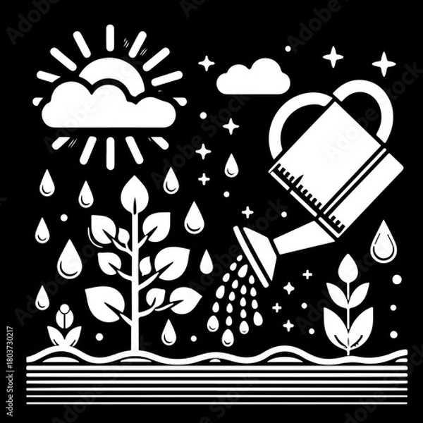 Fototapeta Illustration of a plant being watered with a watering can under the sun and clouds with rain drops falling