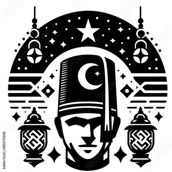 Fototapeta Illustration of a man wearing a fez with a crescent moon surrounded by stars and lanterns in black and white
