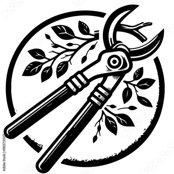 Fototapeta Illustration of pruning shears cutting a branch surrounded by leaves in a circular frame