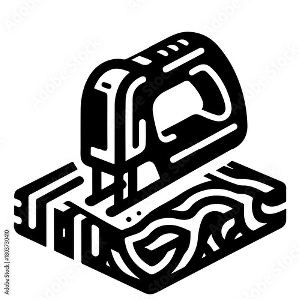 Fototapeta A black and white illustration of a jigsaw cutting a piece of wood with a visible wood grain pattern