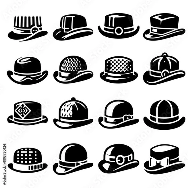 Fototapeta Collection of sixteen stylized black and white hats with varying shapes and decorative elements displayed neatly