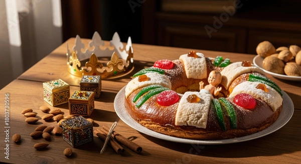 Fototapeta Three Kings' Day with Rosca de Reyes, golden crown, and decorative boxes on rustic wood table, celebrate traditional Epiphany holiday.