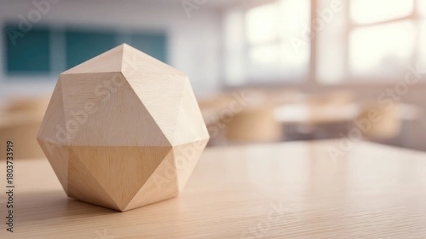 Fototapeta icosahedron. Wooden desk with icosahedron model in classroom, soft natural light from window. STEM education sheets, lab safety posters, designed for STEM education and laboratory safety posters.