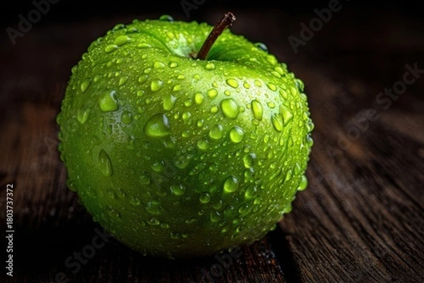 Fototapeta Vibrant Green Apple with Water Droplets on Rustic Wooden Surface, Close-up.